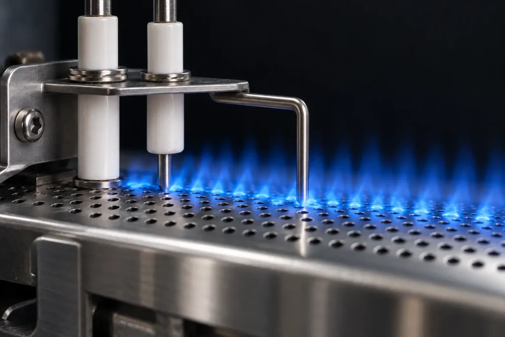 Boiler ignition and ionisation electrode set mounted on a gas burner with blue flame