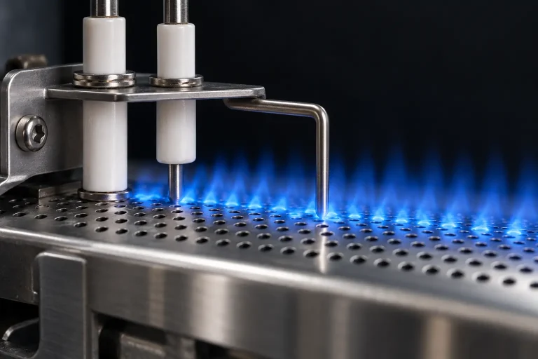 Boiler ignition and ionisation electrode set mounted on a gas burner with blue flame
