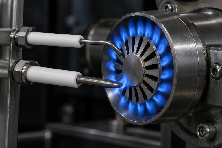 Ignition rod and flame rod installed in an industrial gas burner head