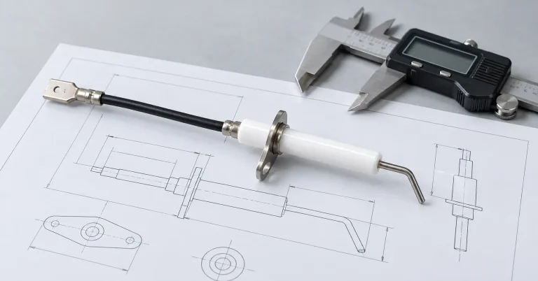 Custom ceramic ignition electrode sample next to a technical drawing and a digital caliper
