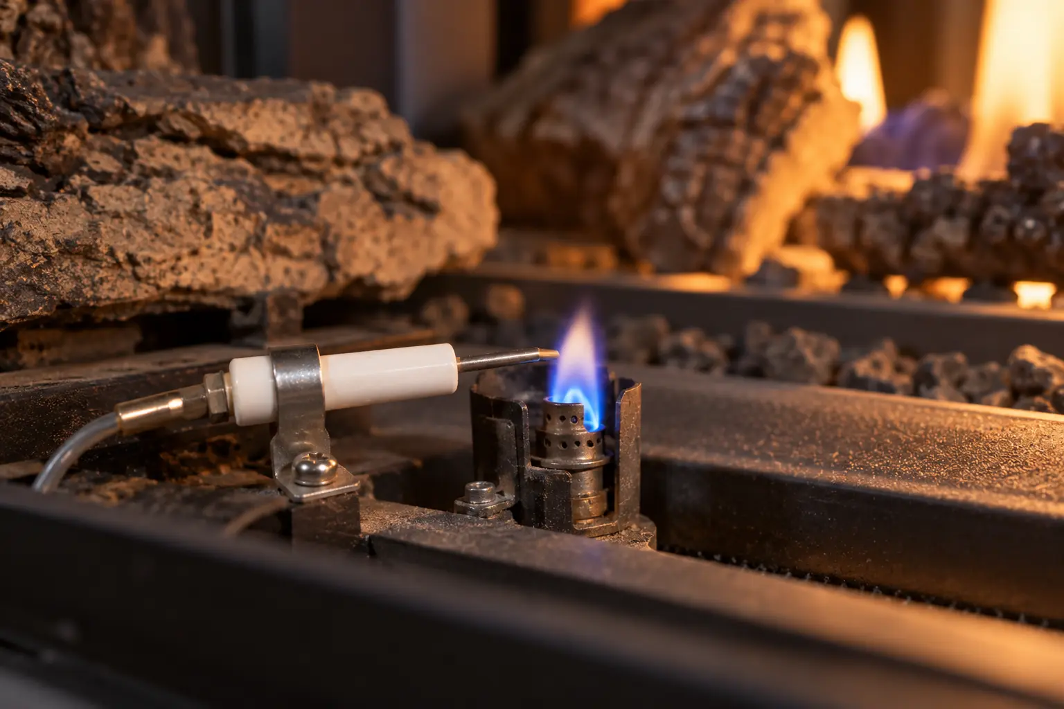 Ceramic igniter electrode mounted beside the pilot burner of a gas fireplace with ceramic logs