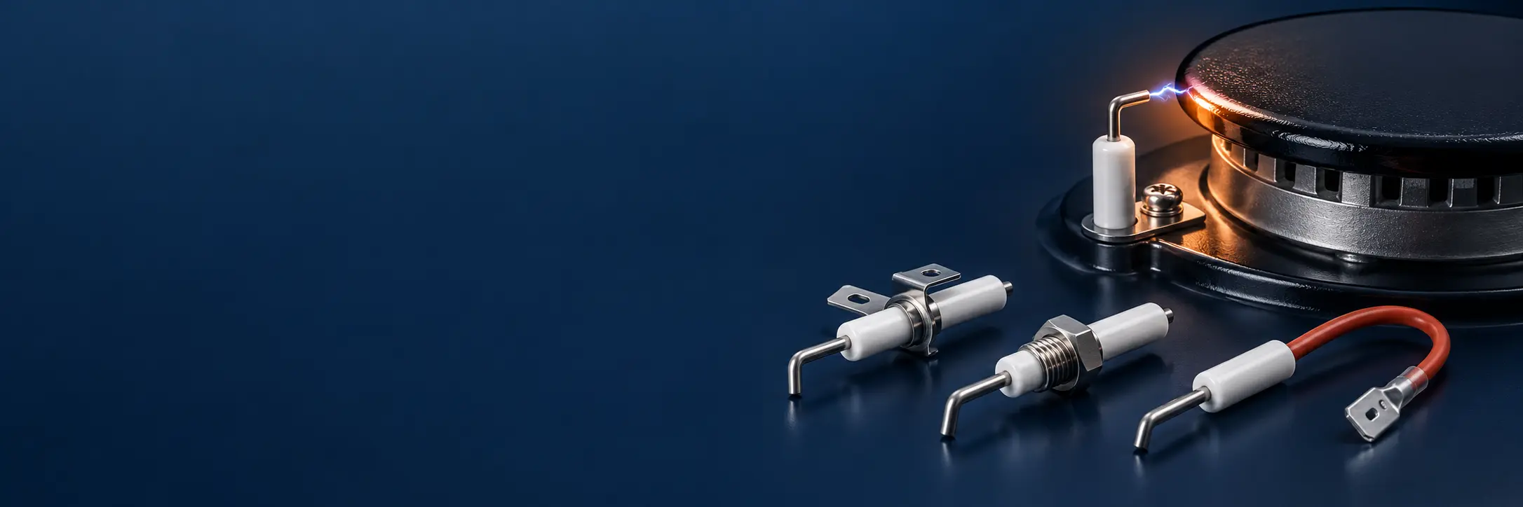 Gas stove and cooktop spark ignition electrodes with white alumina ceramic and push-on terminals beside a hob burner on a dark navy background