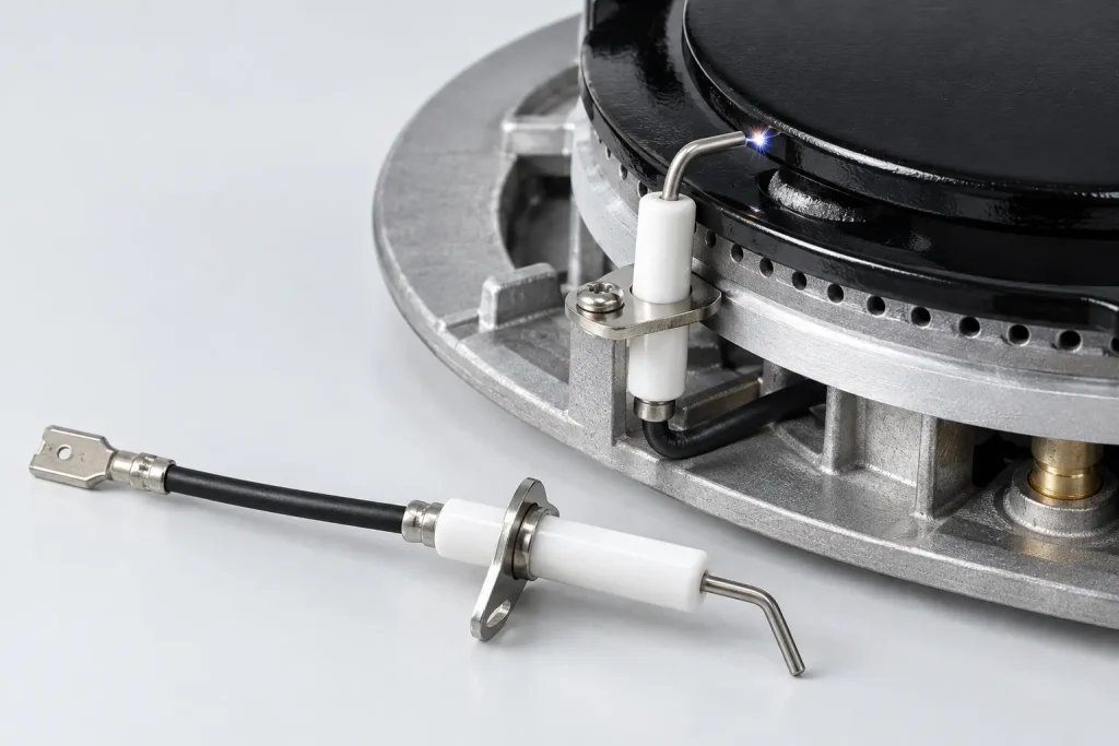 Ceramic spark electrode mounted beside a gas hob burner cap showing the spark gap