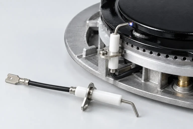 Ceramic spark electrode mounted beside a gas hob burner cap showing the spark gap