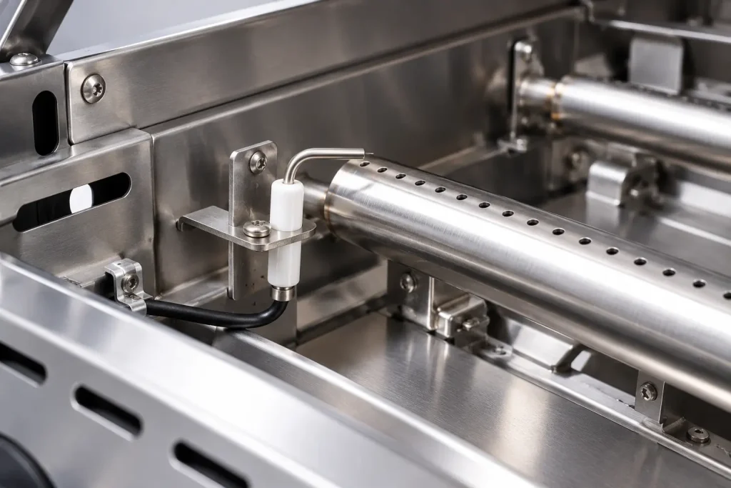 Ceramic grill igniter electrode mounted beside a stainless steel BBQ burner with a long lead wire