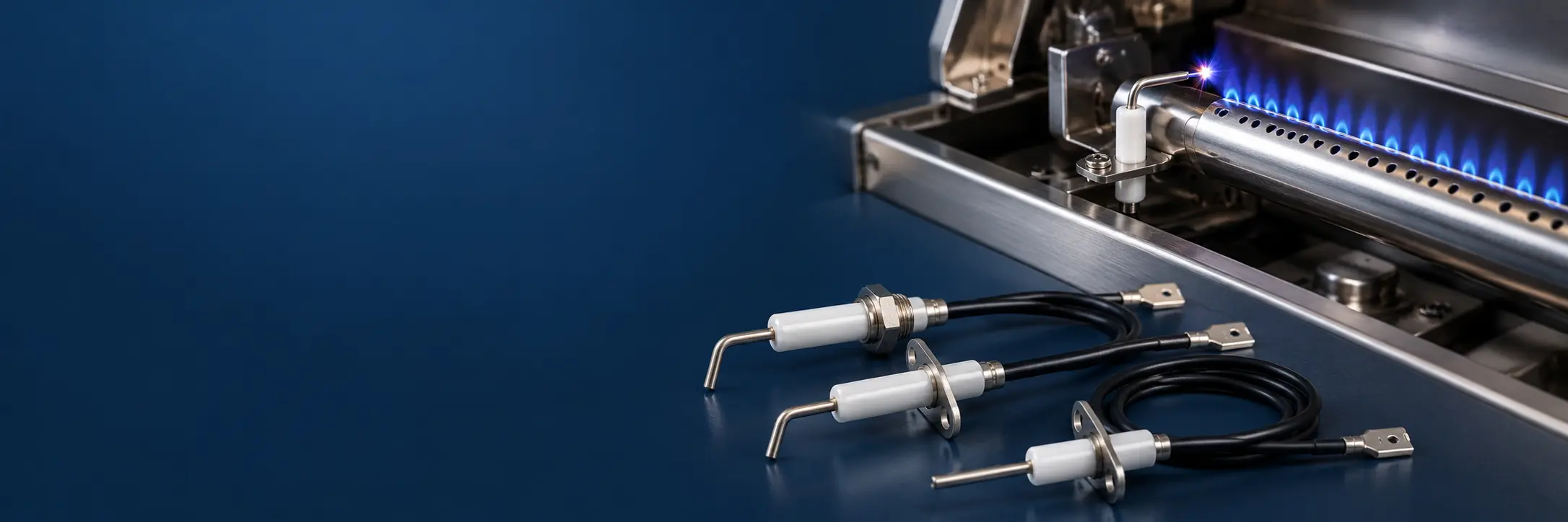 BBQ grill and gas oven spark ignition electrodes with threaded ceramic bodies and long lead wires on a dark navy background