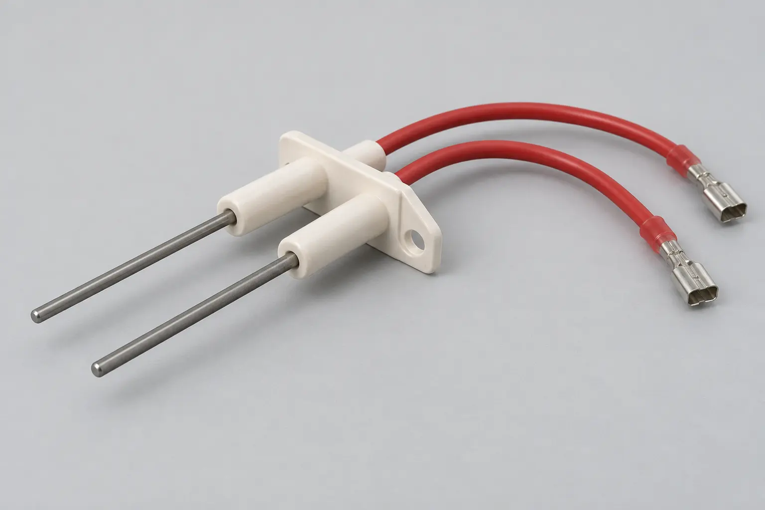 Twin-pin ceramic fireplace spark electrode with mounting bracket, two silicone leads and 4.8 mm female terminals