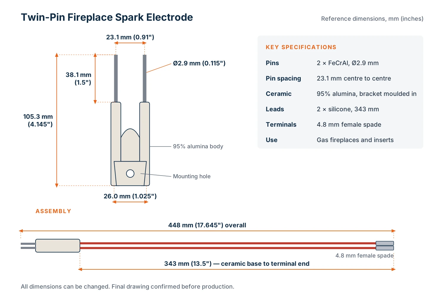 Twin-pin fireplace spark electrode reference dimensions: 23.1 mm pin spacing, 38.1 mm pins, 343 mm silicone leads, 4.8 mm female terminals