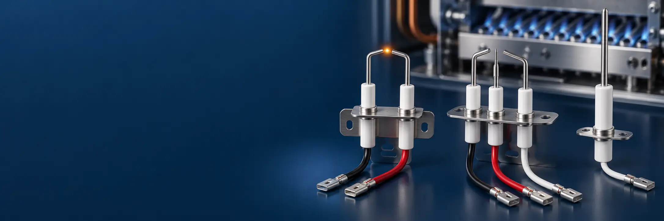 Boiler ignition electrode and flame rod sets with alumina ceramic insulators and stainless brackets on a dark navy background